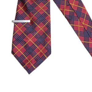 American Living Silk Tie + Silver Clip Men’s 62.5” Red Navy Woven Plaid Wide New